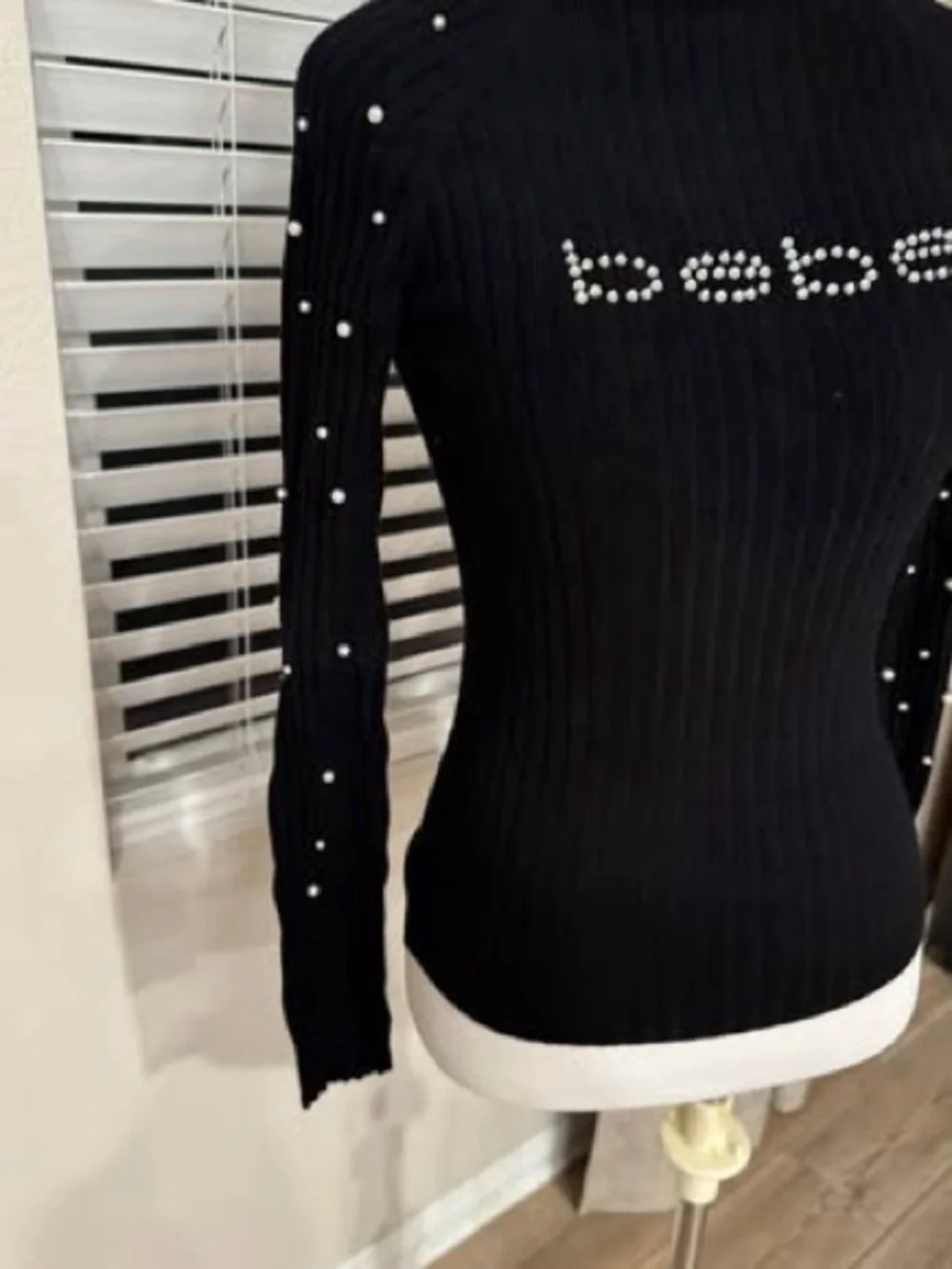 Bebe long sleeve black rhinestones/pearls size MEDIUM Logo Mock Neck Top